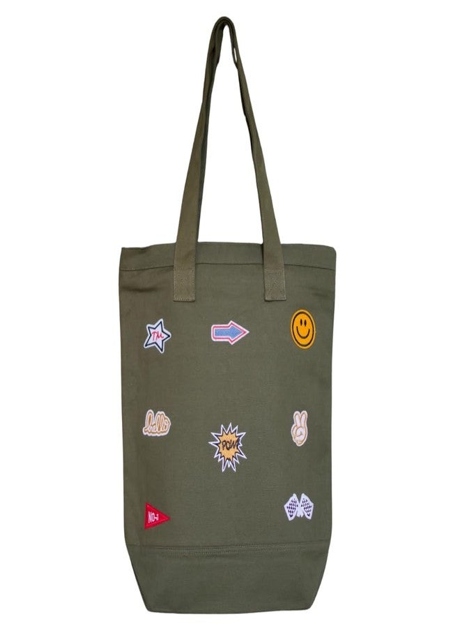 Roundsun Canvas Tote Bag with Fun Patches | Casual Shopping Shoulder Bag | Olive | Black | Navy | White | Main Zip Closure | Outside Pocket with Zip Closure | Eco Friendly (1.Olive) - Image 1